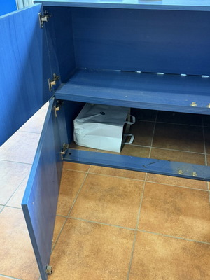 Display counter with storage cabinets used, blue MDF wood