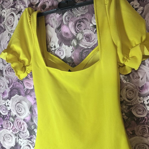 Shein yellow blouse with V neckline and ruched sleeves