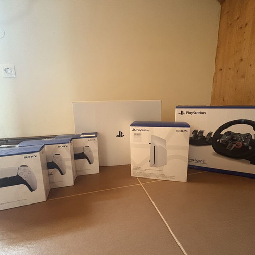 PlayStation 5 Pro 2TB with 3 DualSense controllers, Logitech G29 wheel, Disc Drive