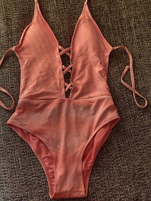 One-piece rib swimsuit coral with lace-up detail like new