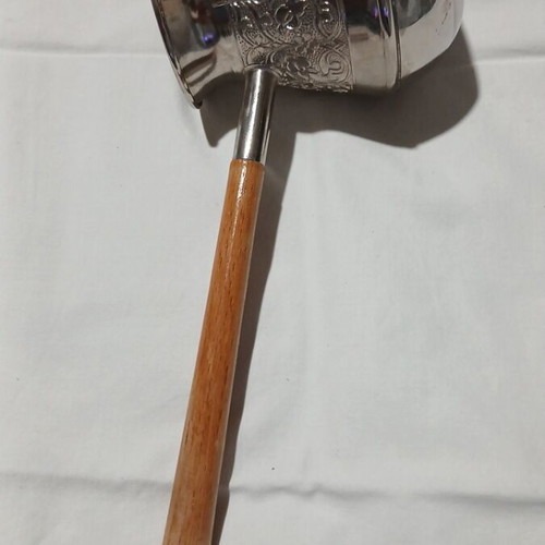 Traditional copper briki with embossed designs and wooden handle, like new