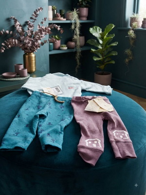 Premaman baby set with 2 organic cotton pants and blue cotton shirt, 6 months