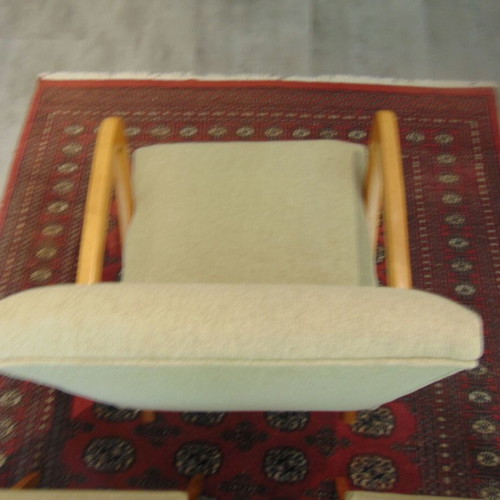 Vintage Danish armchair and 2 chairs with side table, fully refurbished