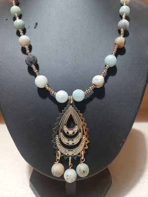 Necklace with multicolor amazonite and steel pendant, long, new