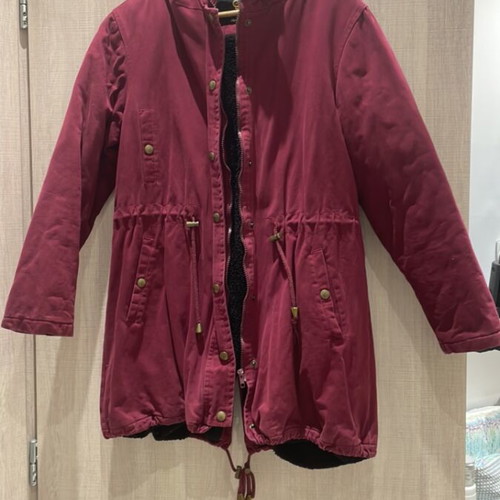 Burgundy jacket used, size small with wide fit, minor hood wear