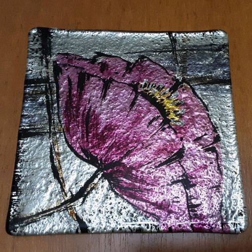 Glass coasters used, set of 4, butterfly and flower designs