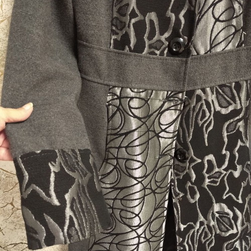 Elegant women's grey coat with silver floral and abstract panels