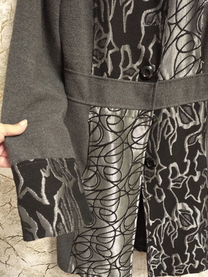 Elegant women's grey coat with silver floral and abstract panels