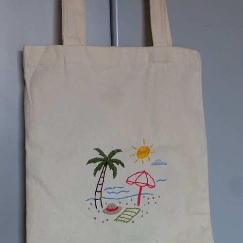 Handmade canvas shoulder bag with embroidery new, beige