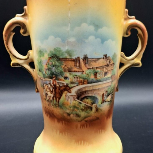 Vintage Porcelain Amphora Vase with Double Handles and Bucolic Scene