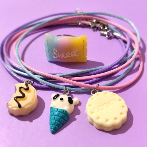 Set of 3 kids' necklaces cookies and ice cream with gift steel candy ring new