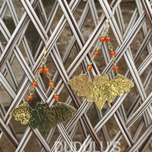 Handmade bat earrings new brass with carnelian stones