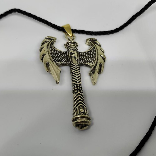 Pendant Double Axe like new, gold-colored steel with black cord