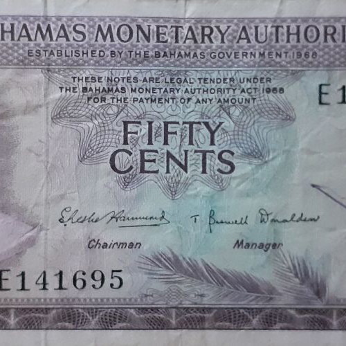 Bahamas 50 Cent Banknote 1968 used, Young Elizabeth II