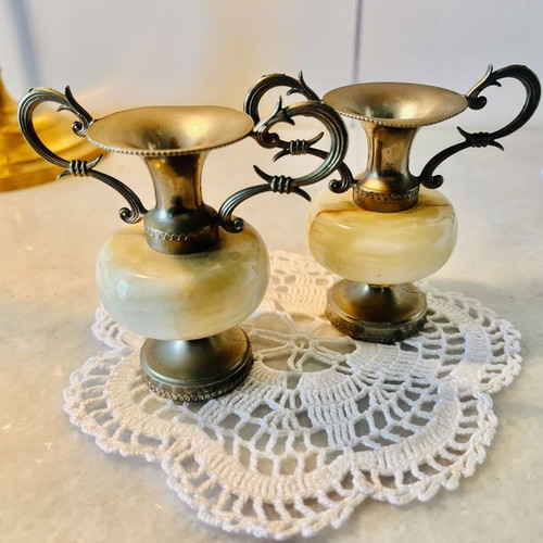 Collectible mini amphorae set of 2 used, onyx and bronze, 8cm