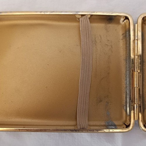 Classic cigarette case used, black leatherette with bronze interior