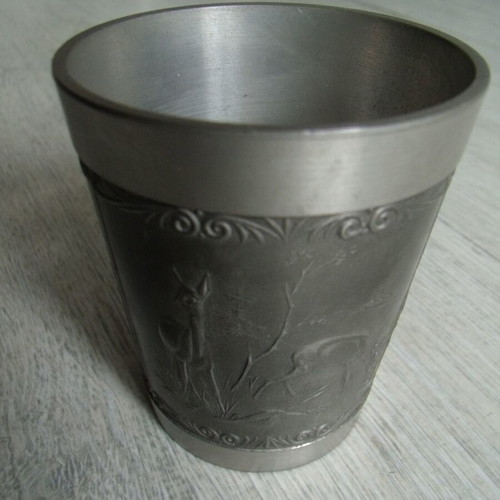 Old metal pewter cup zinn used with embossed ornaments