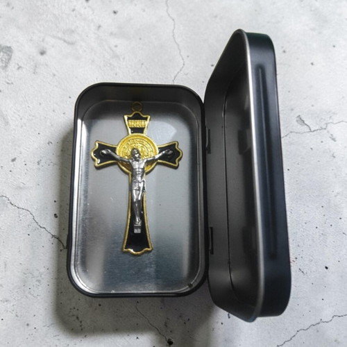 Metal box with iconography and ornate crucifix