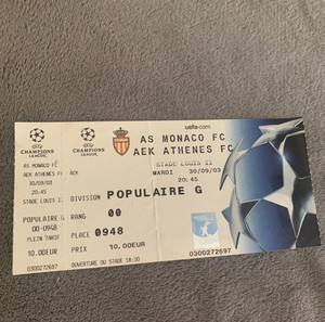 ΜΟΝΑΚΟ-ΑΕΚ 4-0 -ΕΙΣΗΤΗΡΙΟ ΑΓΩΝΑ C.L2003 -