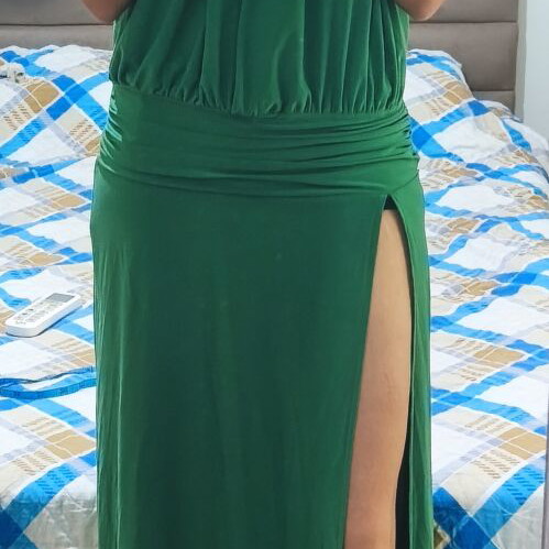 Maxi green dress like new with slit and open back