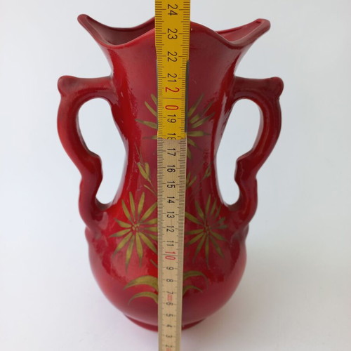 Handmade ceramic vase vintage used, red hand-painted