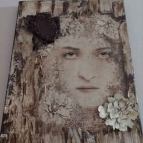 Handmade canvas in beige brown shades new with 3d flowers