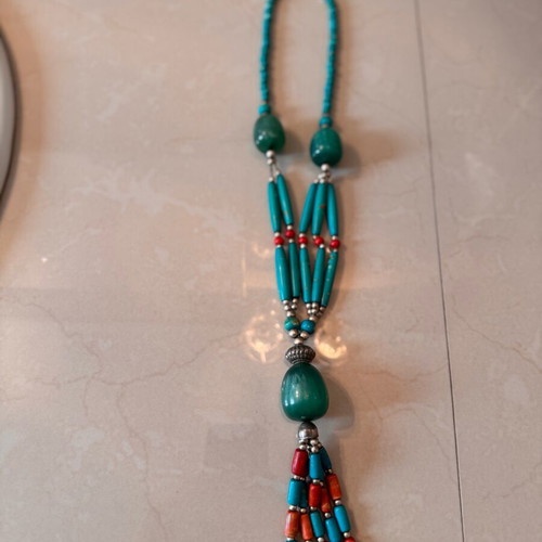 Long necklace with turquoise and red beads like new
