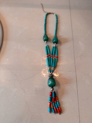 Long necklace with turquoise and red beads like new