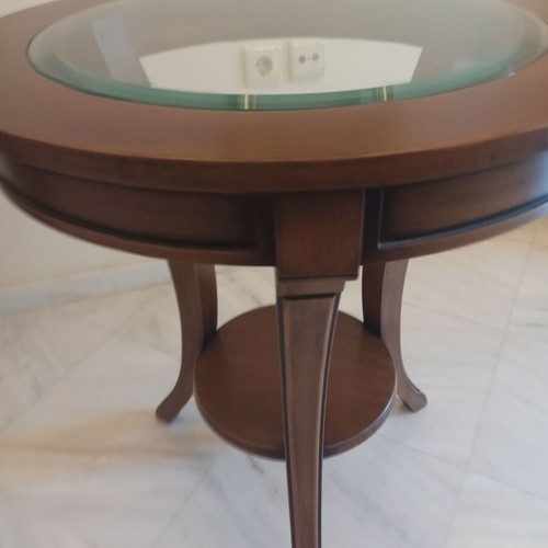 Handmade living room coffee tables, oak with lustro patina, 60.2 cm radius, 72 cm height