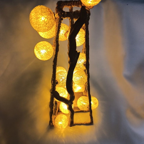 Eco Wooden Pyramid Lamp with Glowing Cotton Ball Lights, New