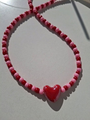Heart necklace handmade made to order with red and pink beads