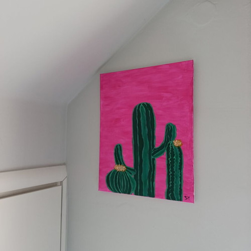 Painting with cactuses pink green medium size new