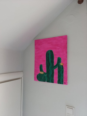 Painting with cactuses pink green medium size new