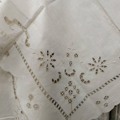 Linen cutwork tablecloth set beige handmade, new