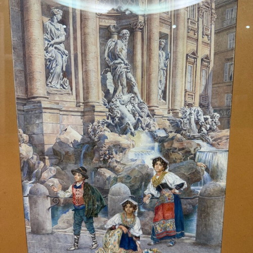 Υδατογραφία Ettore Ascenzi μεταχειρισμένη με θέμα Fontana Di Trevi σε ιταλική κορνίζα