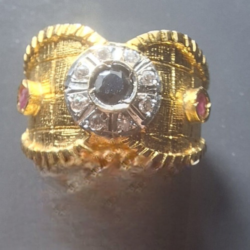 Gold Byzantine ring 14k like new with sapphires, rubies and diamonds