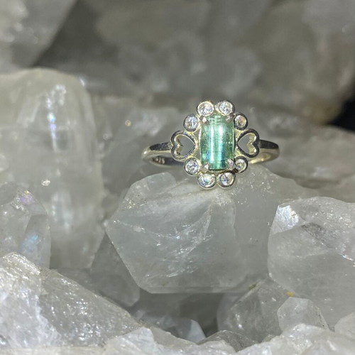 Silver ring with natural green tourmaline and moissanite, new