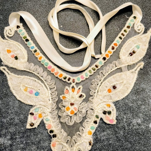 Venetian lace applique with embroidered semiprecious stones like new