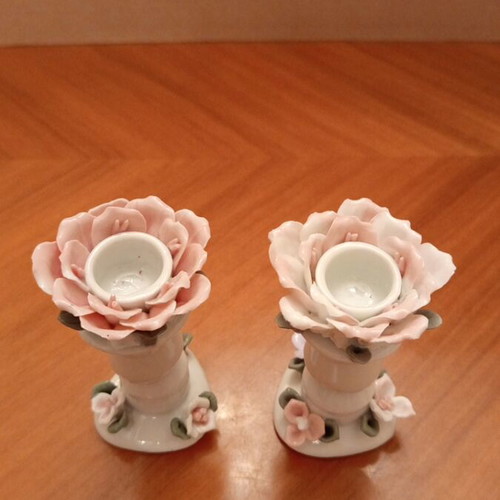 Vintage porcelain candlesticks pair with embossed roses