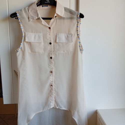 Fullah Sugah sleeveless asymmetric chiffon tunic shirt used, beige, size S