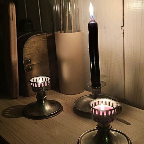Vintage candlesticks used, set of three, including silver-plated blaker