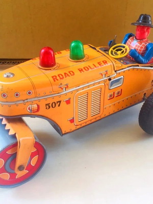 Tin toy road roller used, vintage, Japanese