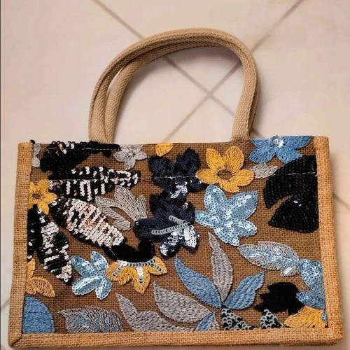 Floral Summer Straw Bag with Embroidered Flowers and Sequins