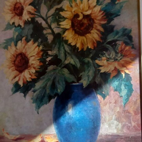 Original painting Vase with sunflowers by Walter Scholey, 1956