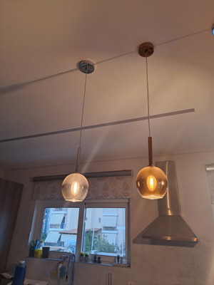 Glass pendant lamps, 2 gold and 1 inox