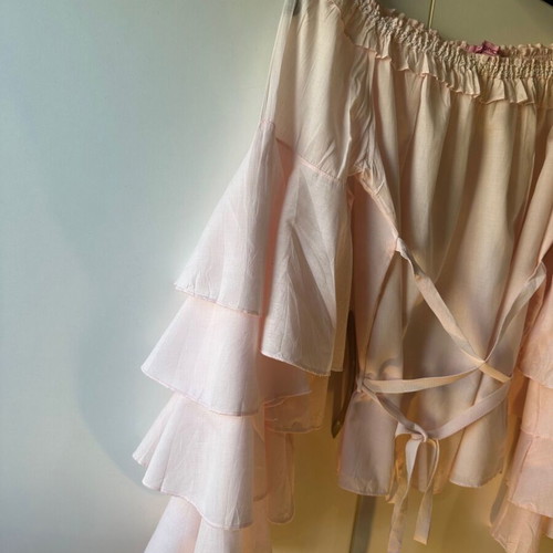 Danoff baby pink blouse with ruffle sleeves and corset tie like new