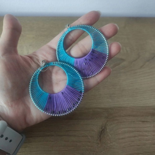 Hoop earrings like new, purple and turquoise with beads