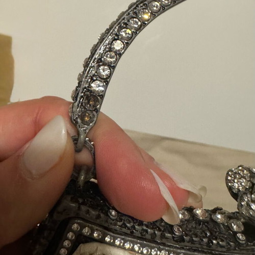 Vintage leather Besso evening bag with rhinestones like new, white