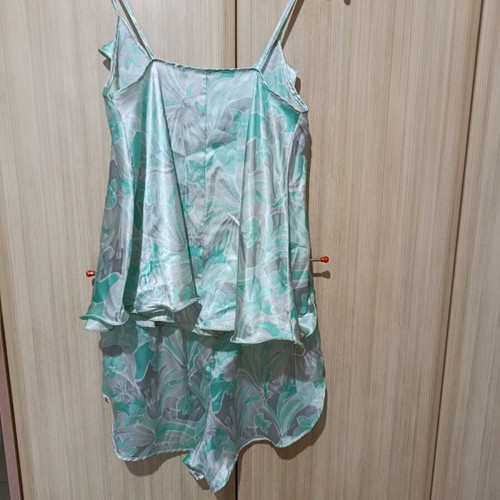 Daisy satin pajamas like new, gray turquoise with ruffles