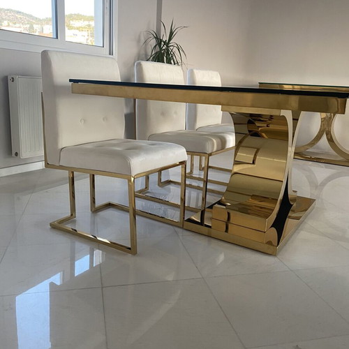 Elegant custom-made dining room set with glass table and 8 chairs